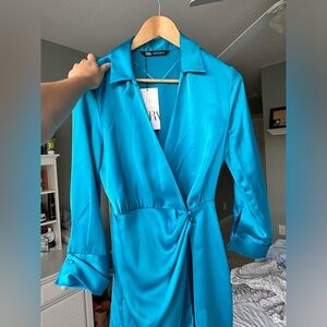 Zara dress | blue wrap front satin